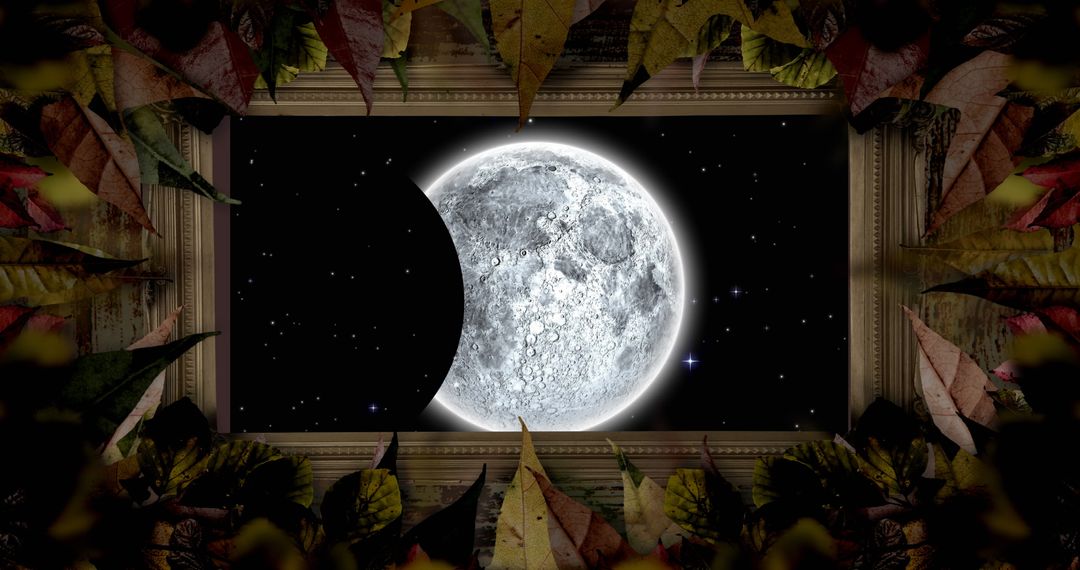 Creative Moon Eclipse Framed with Autumn Leaves