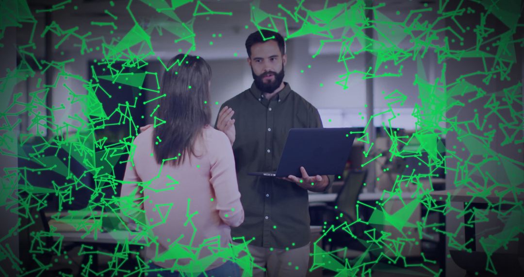 Colleagues Collaborating on Network Data with Digital Overlay in Modern Office