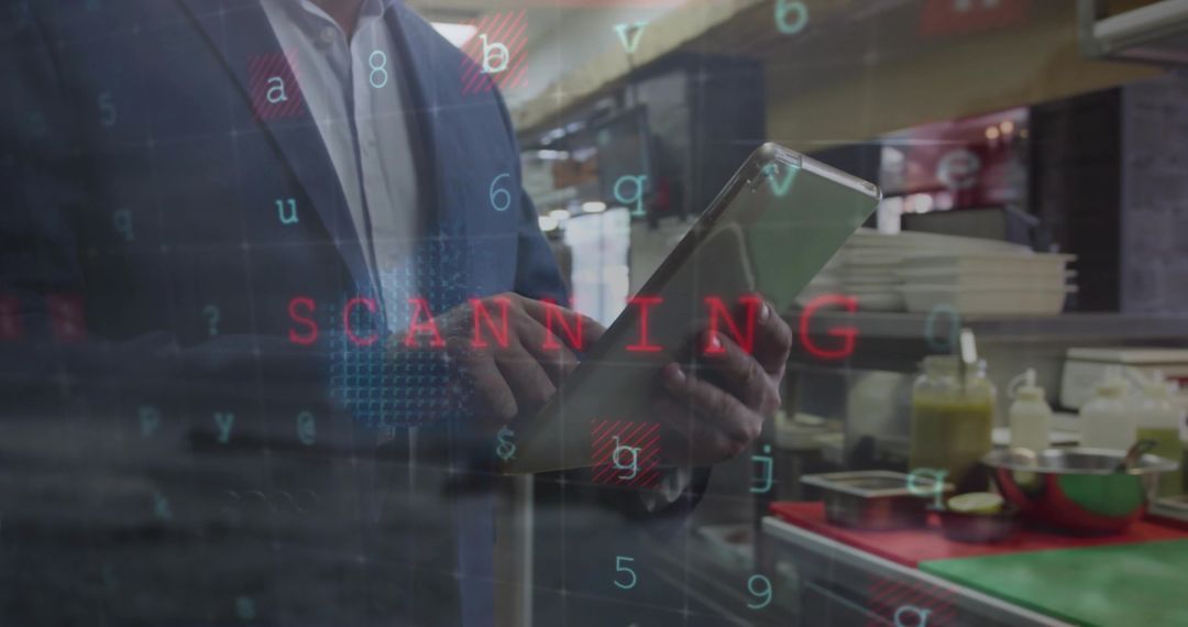 Businessman Scanning Data in Restaurant with Digital Tablet Technology