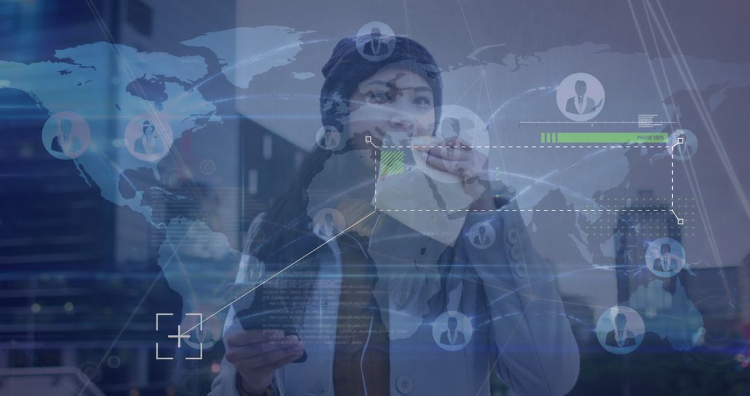 Asian Woman Snacking with Global Networking Technology Overlay