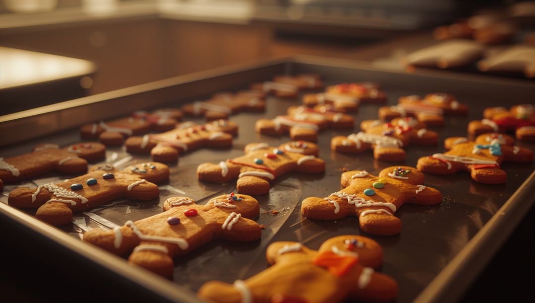 Festive Gingerbread Men Cooling on Baking Sheet in Warm Kitchen Lighting