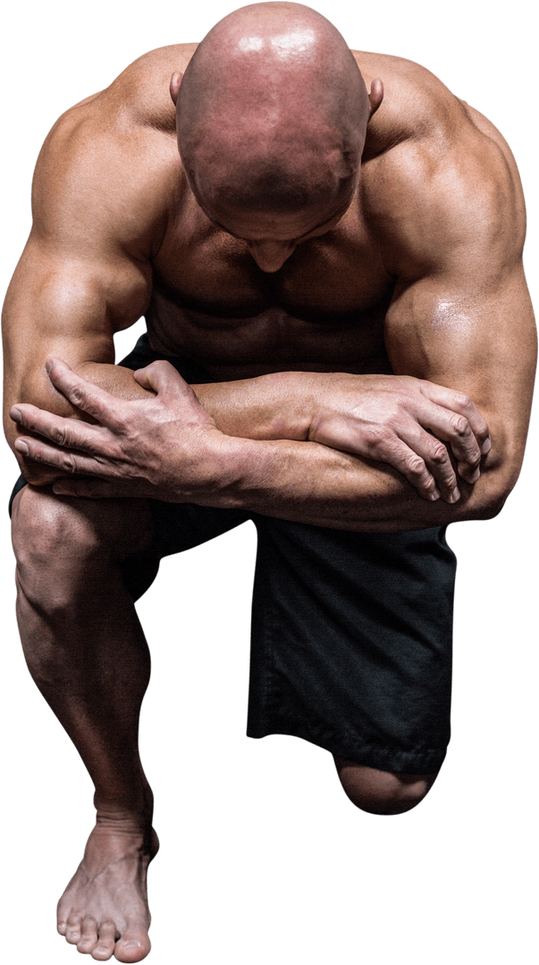 Caucasian man kneeling with crossed arms transparent bacground sportsman concept