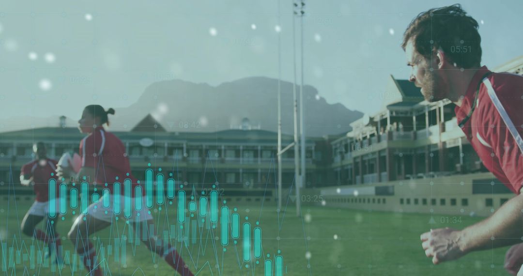 Dynamic Rugby Players Analyzed with Digital Data Overlay