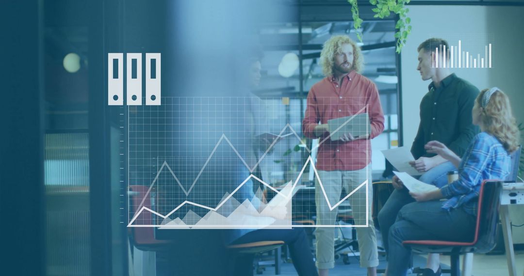 Diverse Team Engaging in Modern Office with Digital Data Analytics Overlay