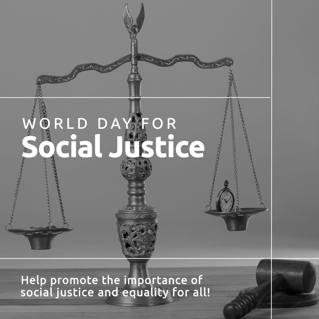 Composition of world day of social justice text over justice scales and gavel - Download Free Stock Templates Pikwizard.com