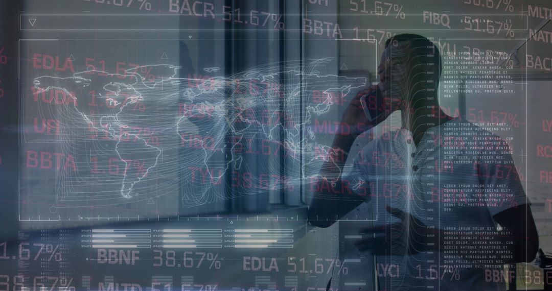 Finance Professional Holding Smartphone in Modern Office with Ticker Overlays