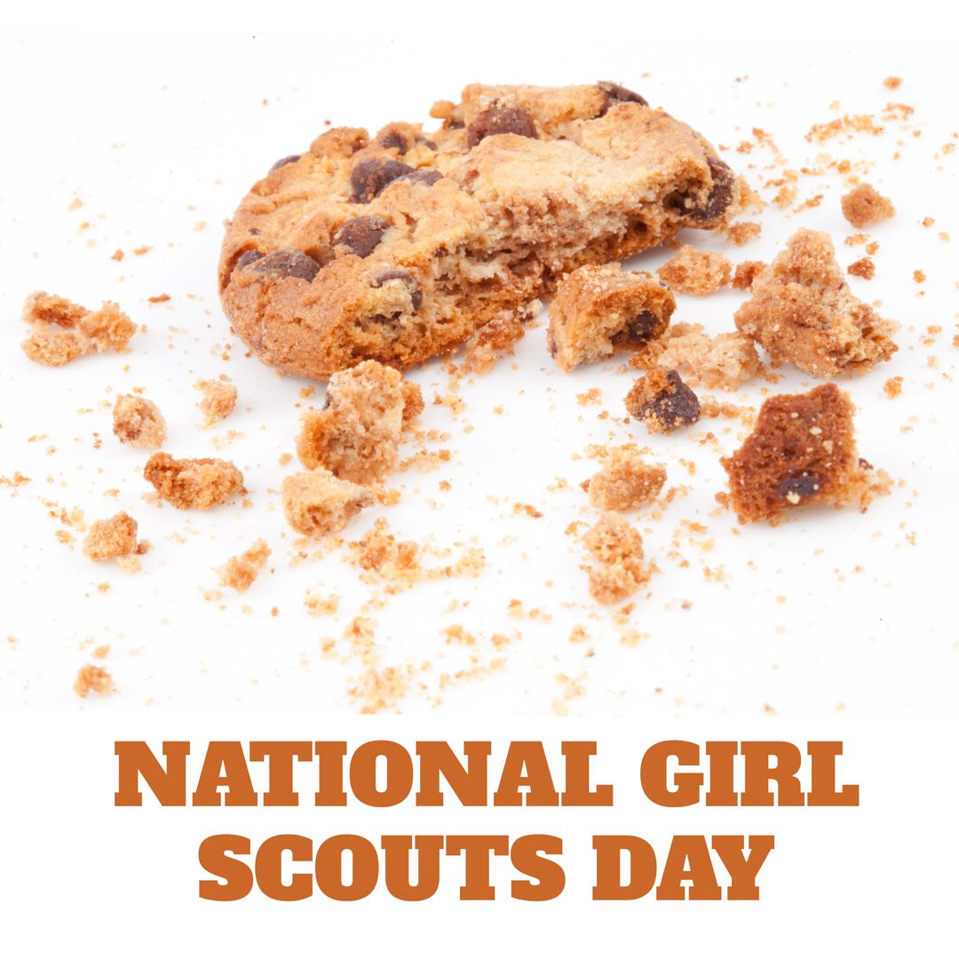Composite of chocolate chip cookie and national girl scouts day text on white background, copy space - Download Free Stock Templates Pikwizard.com