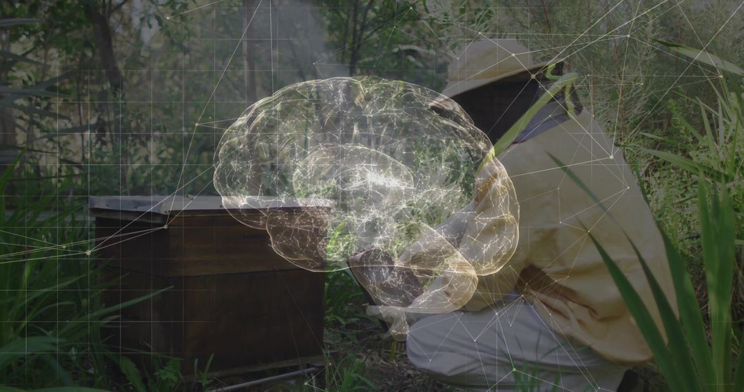 Beekeeper Inspecting Hive with Brain Design Overlay Outdoors