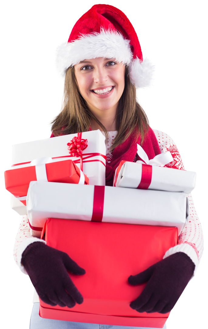 Festive Woman in Santa Hat Holding Gifts Transparent Background - Download Free Stock Images Pikwizard.com