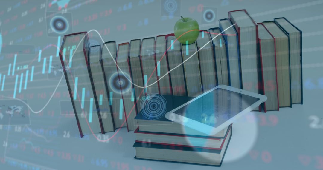 Digital Tablet with Books and Financial Charts Overlay