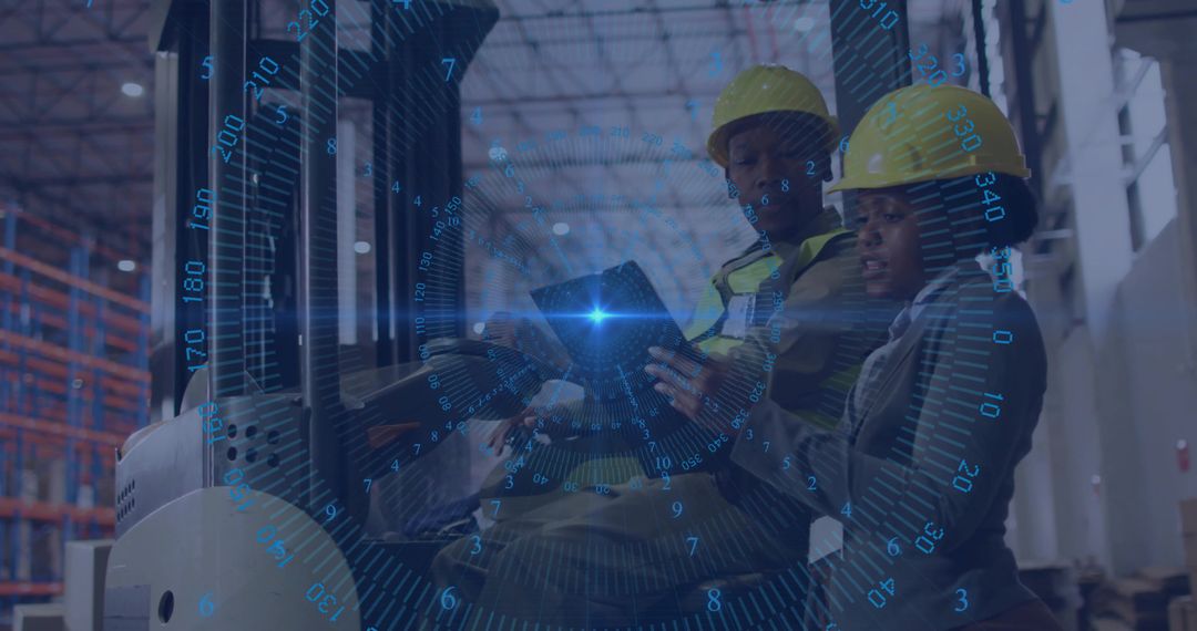 Warehouse Workers Collaborating with Digital Tablet and Data Overlay