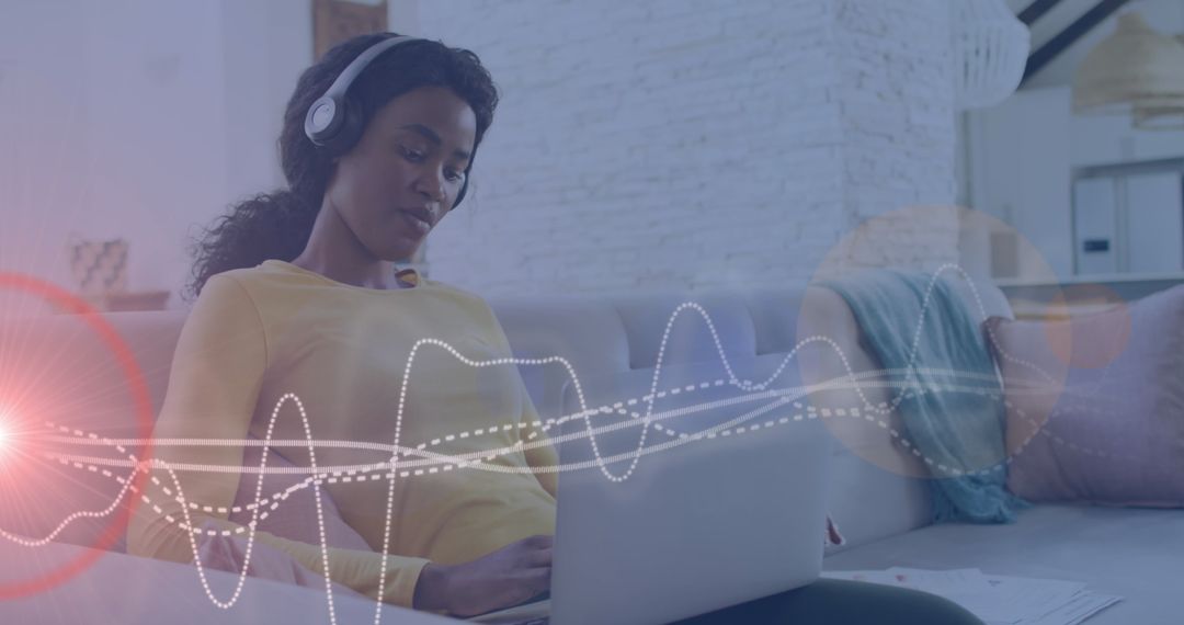 Tech-Savvy Woman With Headphones Analyzing Digital Music Data Representation