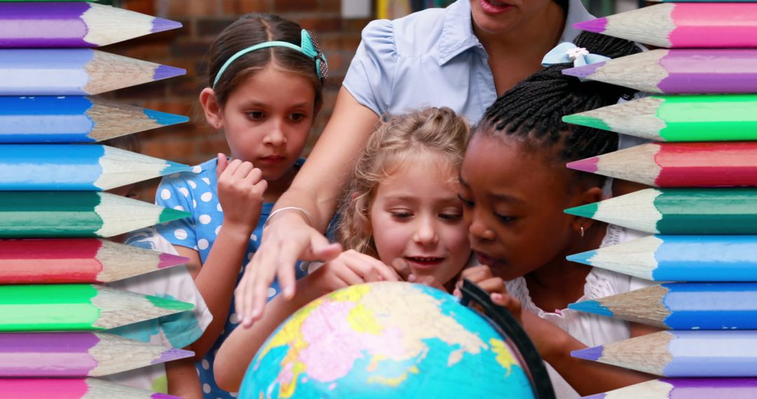 Diverse Children Exploring Geography with Globe in Classroom Setting