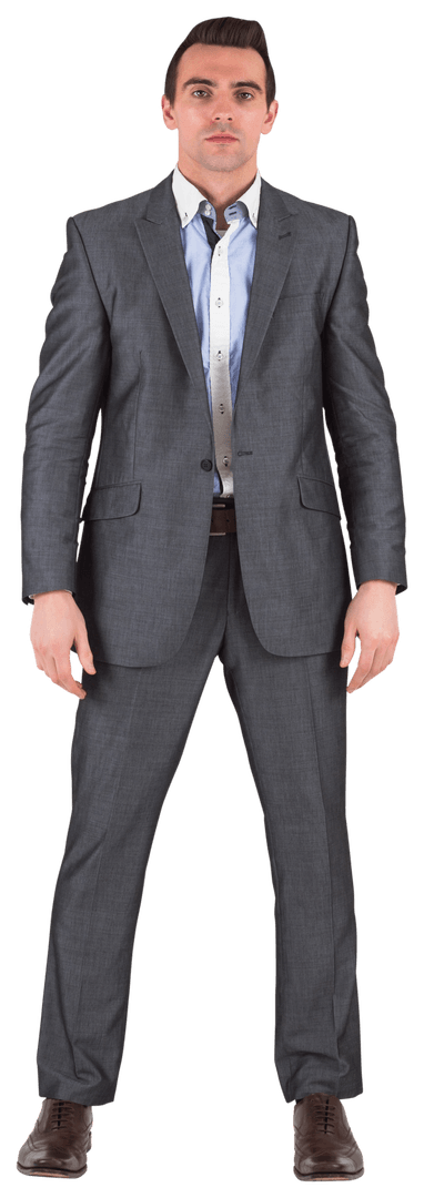 Transparent Businessman in Grey Suit Frowning at Camera