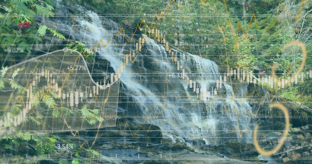 Waterfall Overlaid with Financial Data Visualizations in Nature