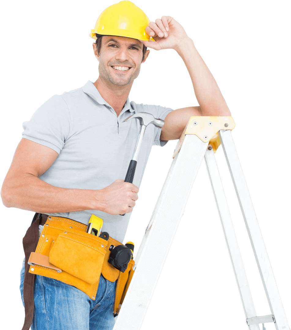 Smiling Technician with Hammer and Hard Hat on Transparent Background