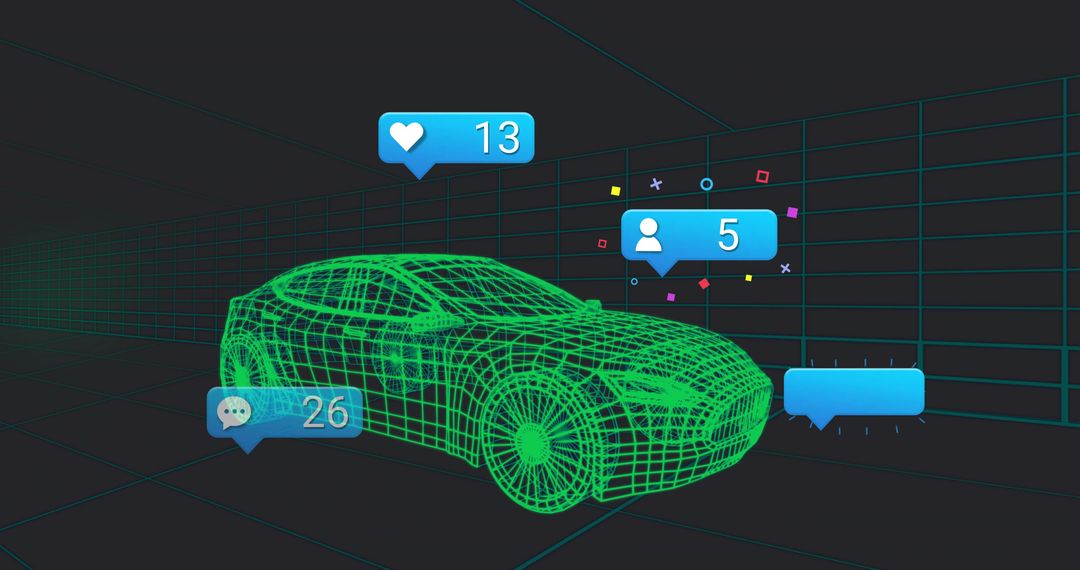 Futuristic Wireframe Car with Social Media Encourage Integration