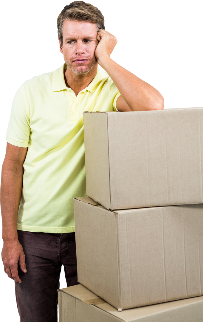 Transparent Man Contemplating Stack of Cardboard Moving Boxes - Download Free Stock Images Pikwizard.com