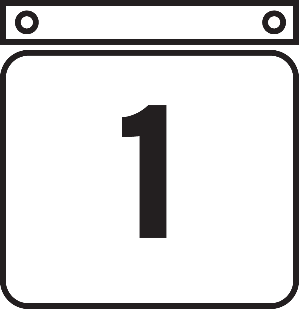 Calendar Icon with Number 1 on Transparent Background