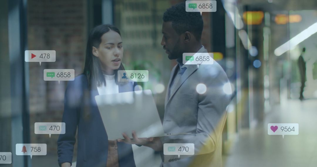 Diverse Colleagues with Social Media Notifications Overlay