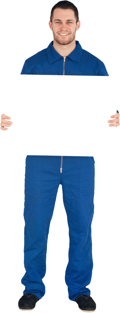 Transparent Man in Blue Coveralls Holding Transparent Card