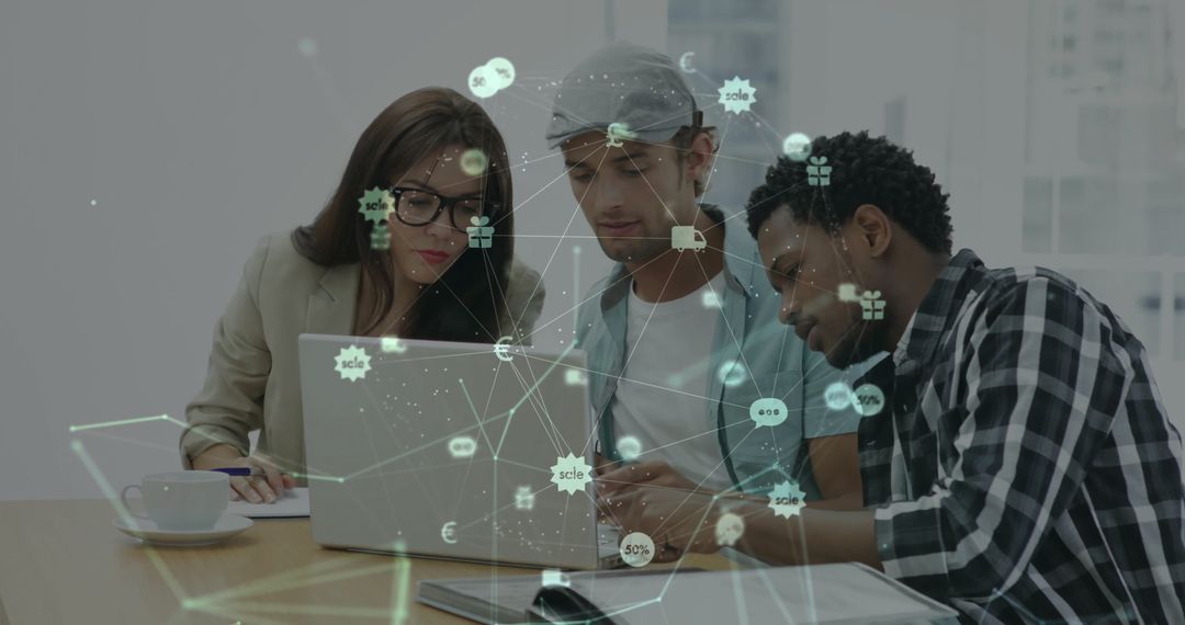 Connected Business Team Collaborating with Digital Data Overlay