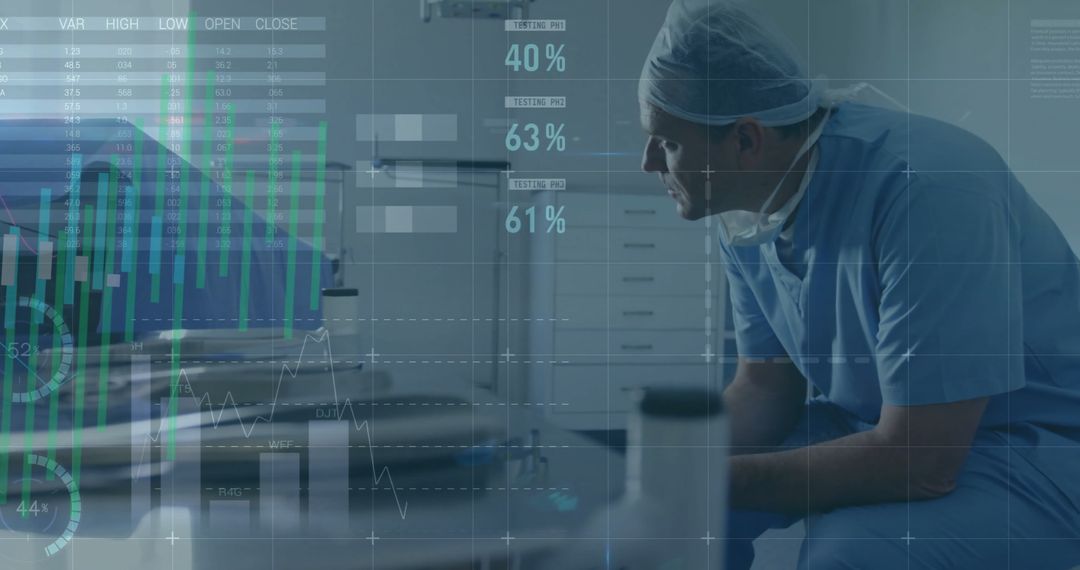 Caucasian Surgeon Analyzing Data with Futuristic Technology Overlay