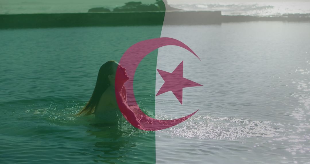 Serene Ocean Swim with Algerian Flag Overlaid for Cultural Significance