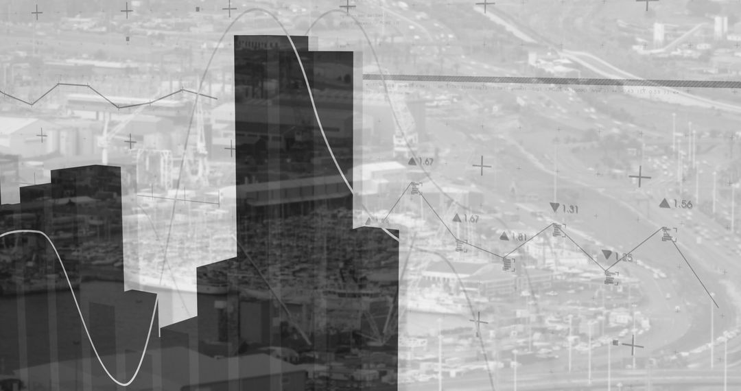 City Skyline Silhouette with Financial Data Overlay