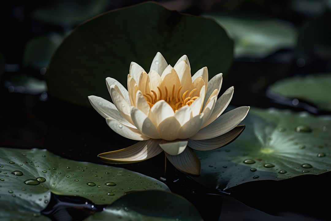 White and yellow lotus flower and leaves on dark water, created using generative ai technology - Free Images, Stock Photos and Pictures on Pikwizard.com