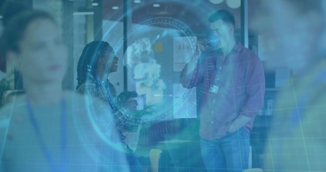 Colleagues Engaged in Discussion with Digital Globe Overlay in Modern Workspace