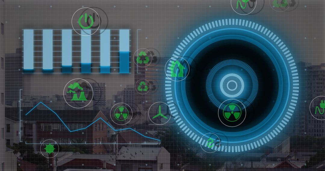 Eco Icons and Data Visualization in Futuristic Cityscape