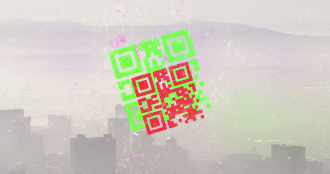 Digital QR Code Overlay on Cityscape Connecting Technology and Business