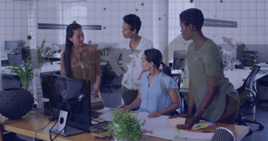 Diverse Team Collaborating on Global Data Analysis in Modern Office