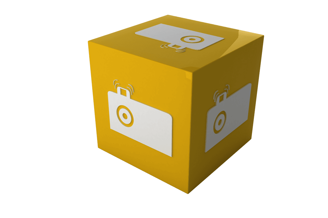 Yellow Cube with Camera Symbol on Transparent Background