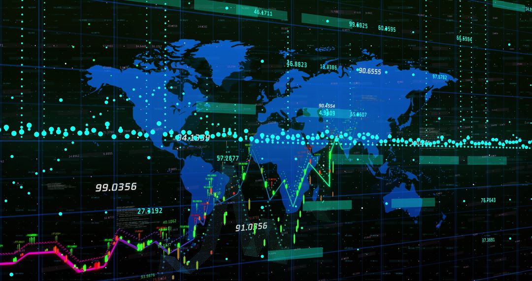 Global Financial Data Analysis Over World Map in Digital Display