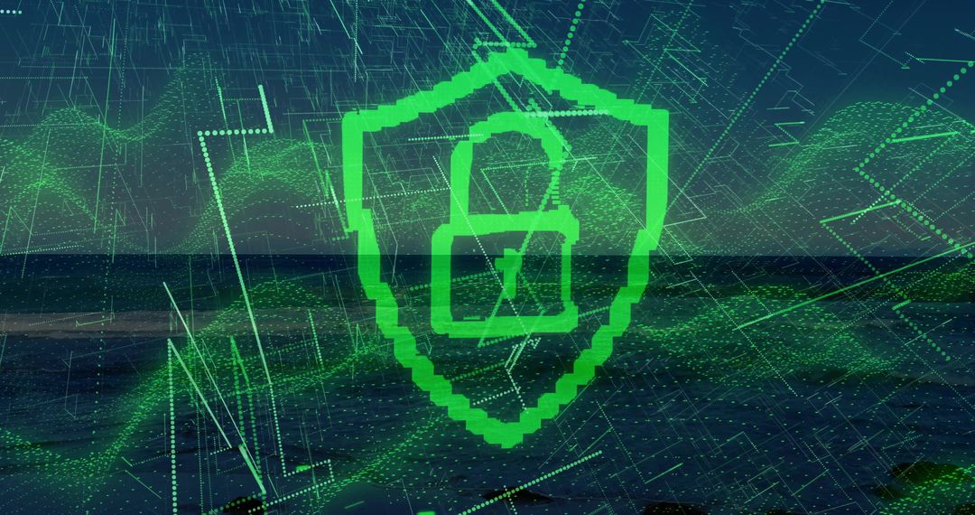 Futuristic Digital Security Shield with Ocean Gridlines