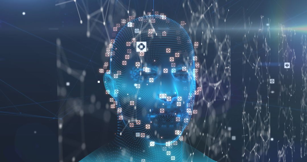 Futuristic AI Face with Data and Network Connections Visualization