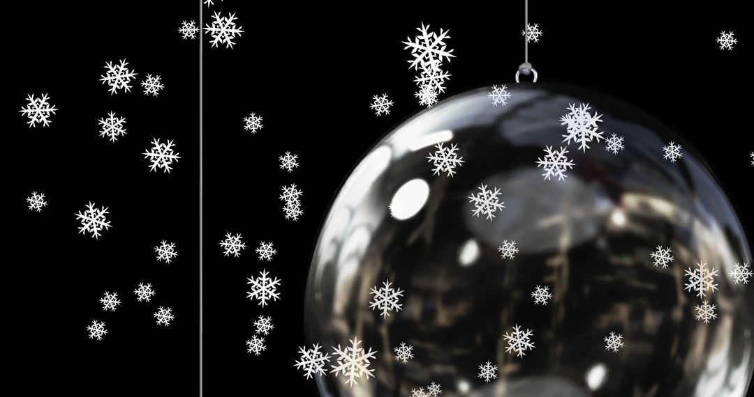 Festive Bauble with Falling Snowflakes on Black Background