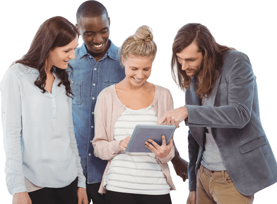 Diverse Team Collaborating with Tablet on Transparent Background