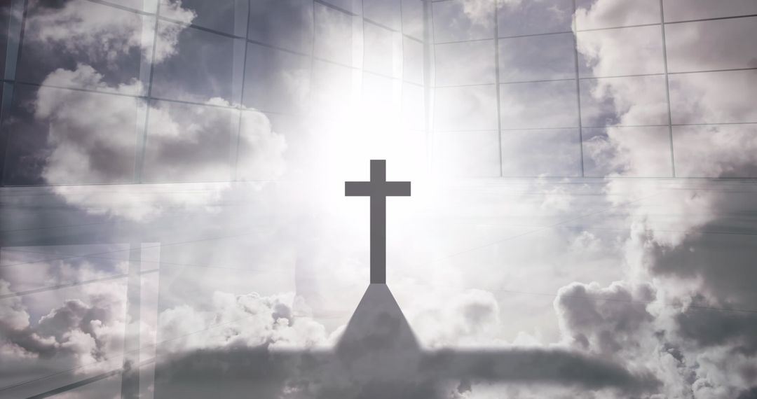 Celestial Cross and Light with Silhouettes Walking on Street