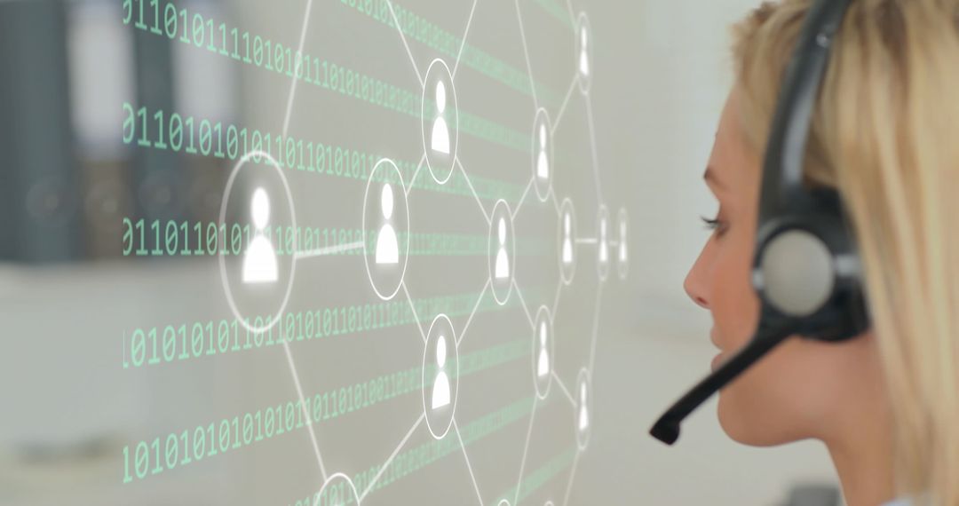 Businesswoman with Headset and Holographic Network Display