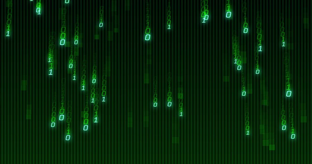 Glowing Green Binary Code Cascades in Digital Landscape