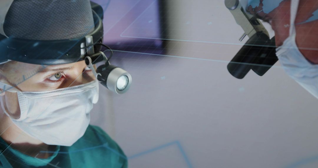 Surgeons performing precision surgery with headlamps and AR overlays in operating room