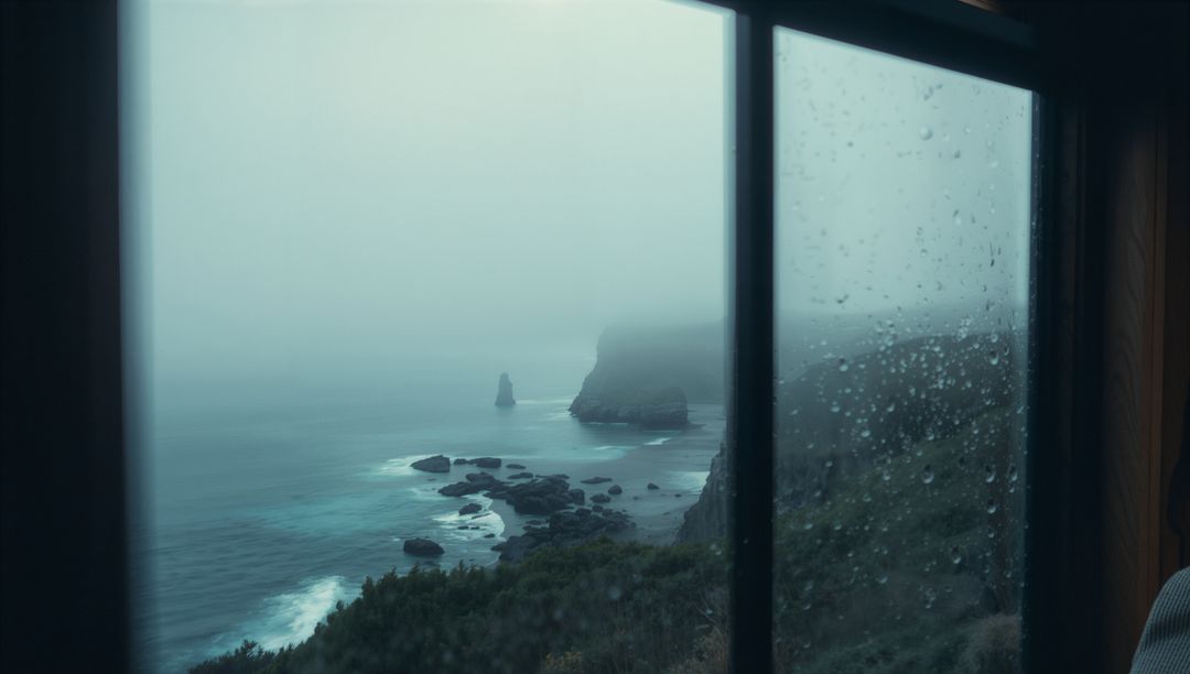 Moody Cabin View Through Rain-Kissed Window Overlooking Foggy Coastline