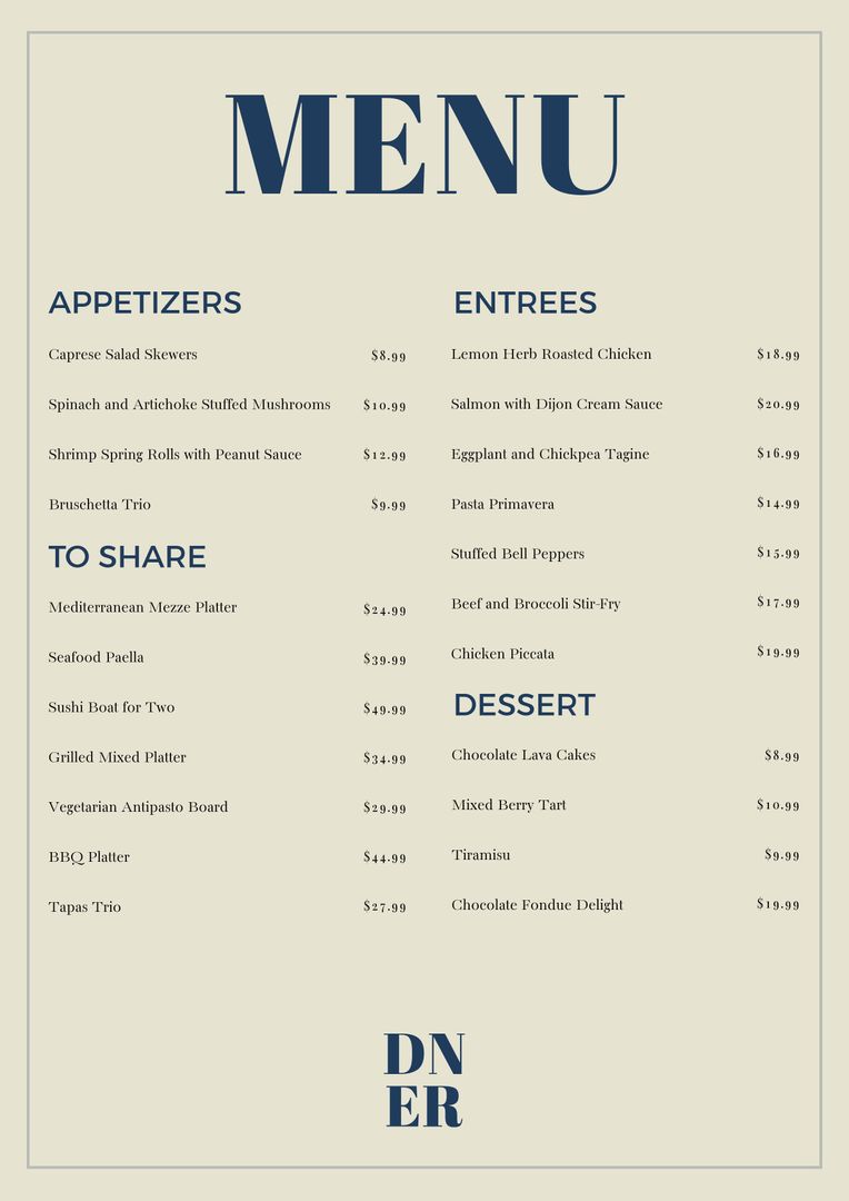 Stylish Restaurant Menu with Variety of Appetizers, Entrees, and Dessert Options - Download Free Stock Templates Pikwizard.com