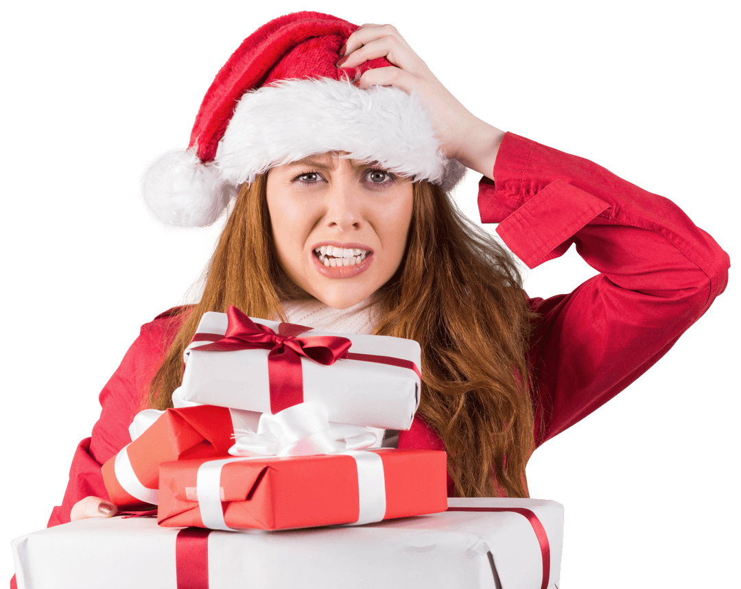 Stressed Redhead in Santa Hat with Gifts on Transparent Background