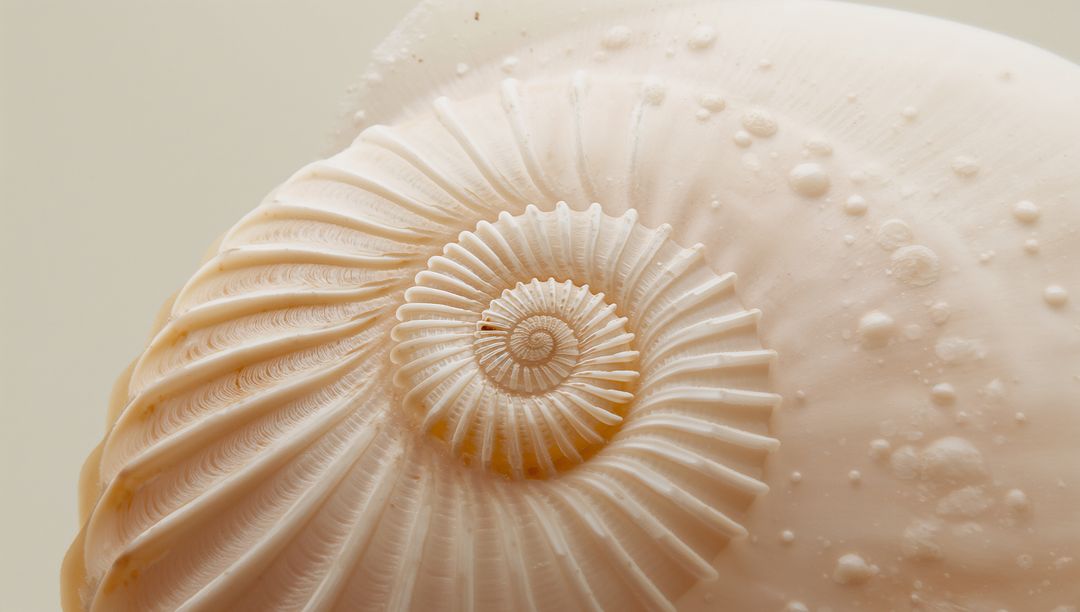 Revealing Pale Spiral Seashell Macro Showing Concentric Ridges and Bubble-Like Nodules