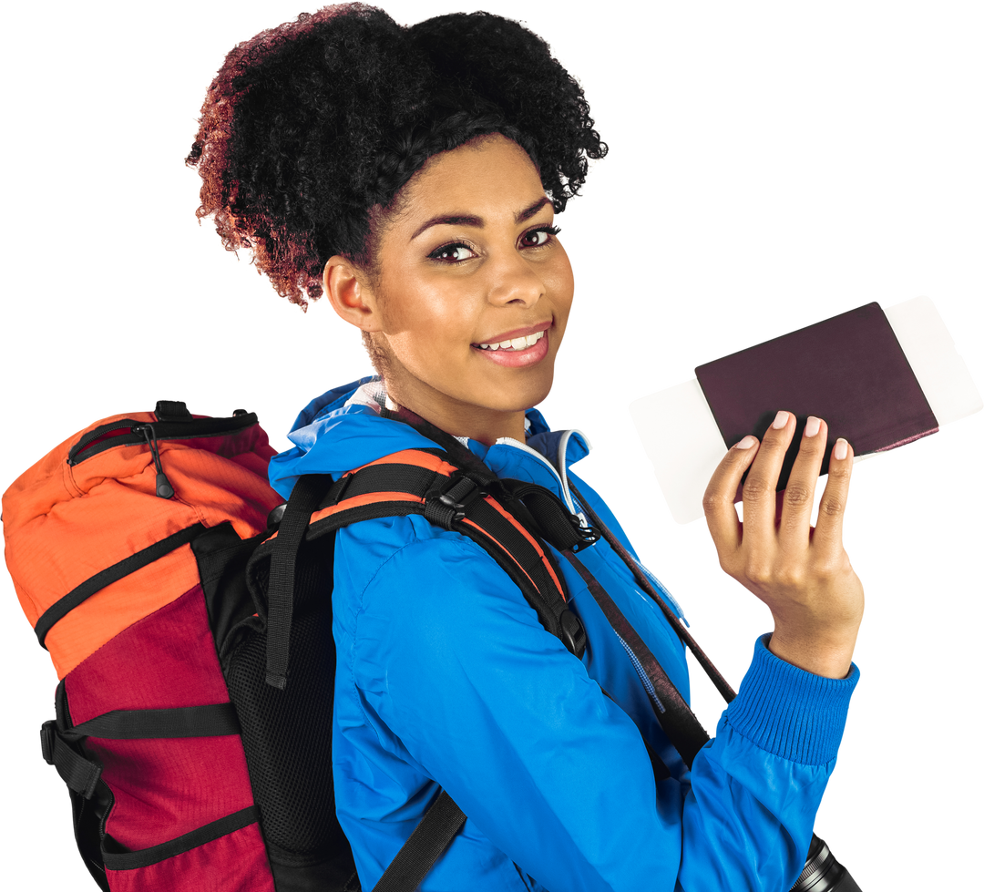 Happy female backpacker holding passport, facilitating ease of travel, transparent background - Download Free Stock Images Pikwizard.com