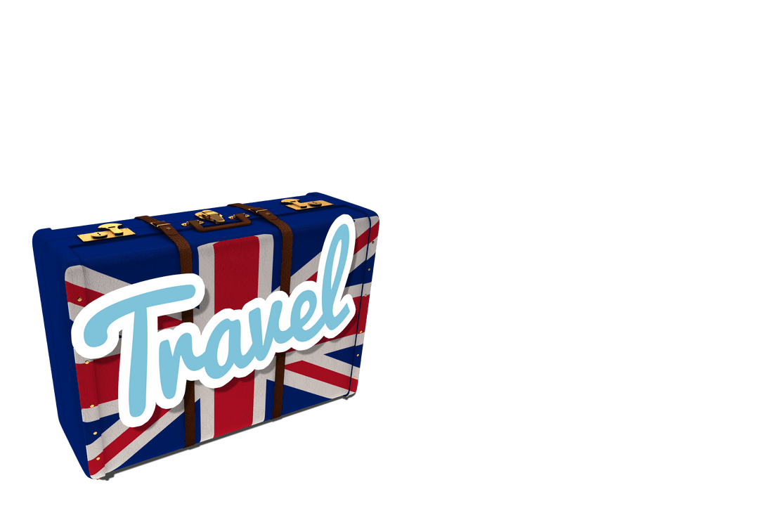 Digital Suitcase with Travel Text Over UK Flag in Transparent Background